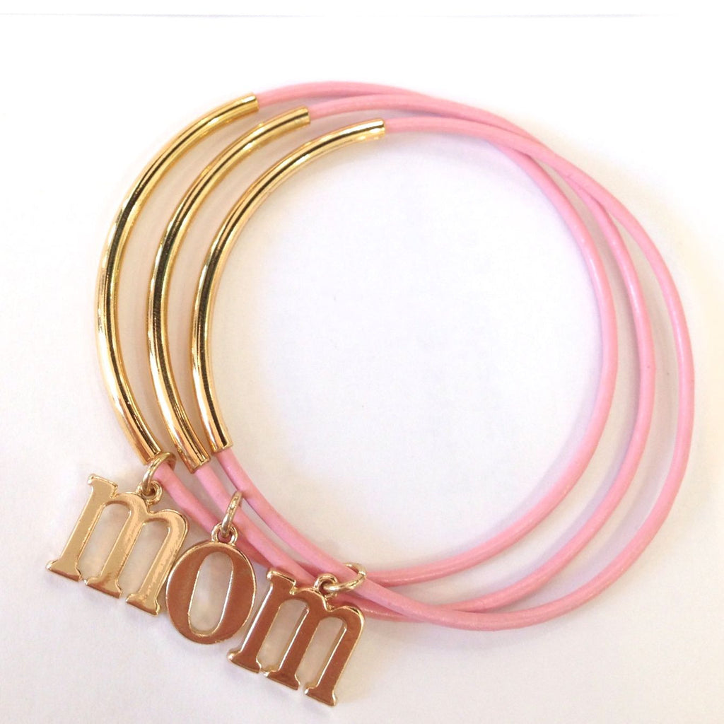 Mom Charm Leather Bangle Set