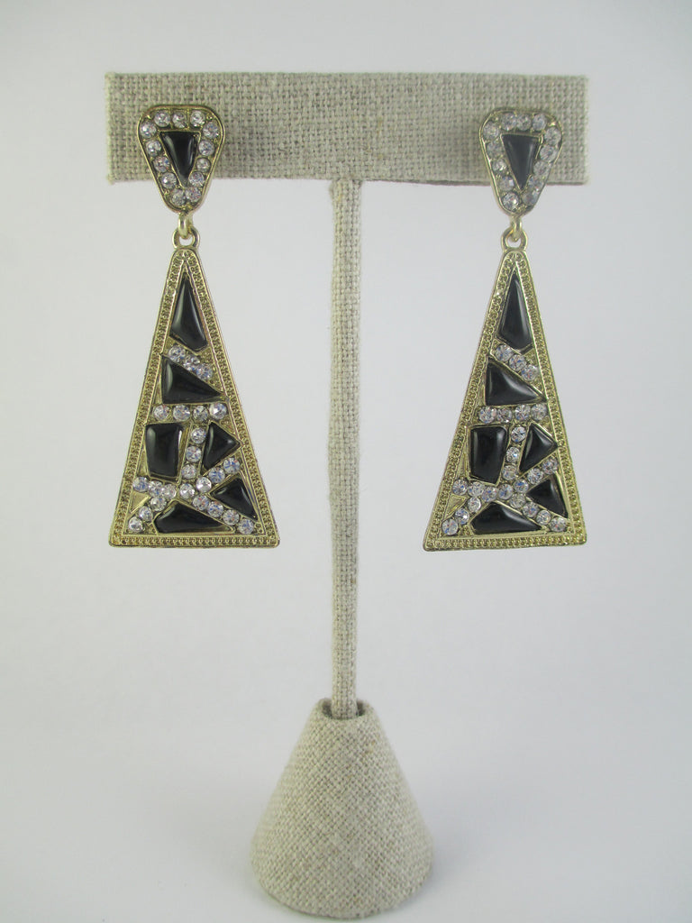 Geometric Black & Crystal Triangle Earrings