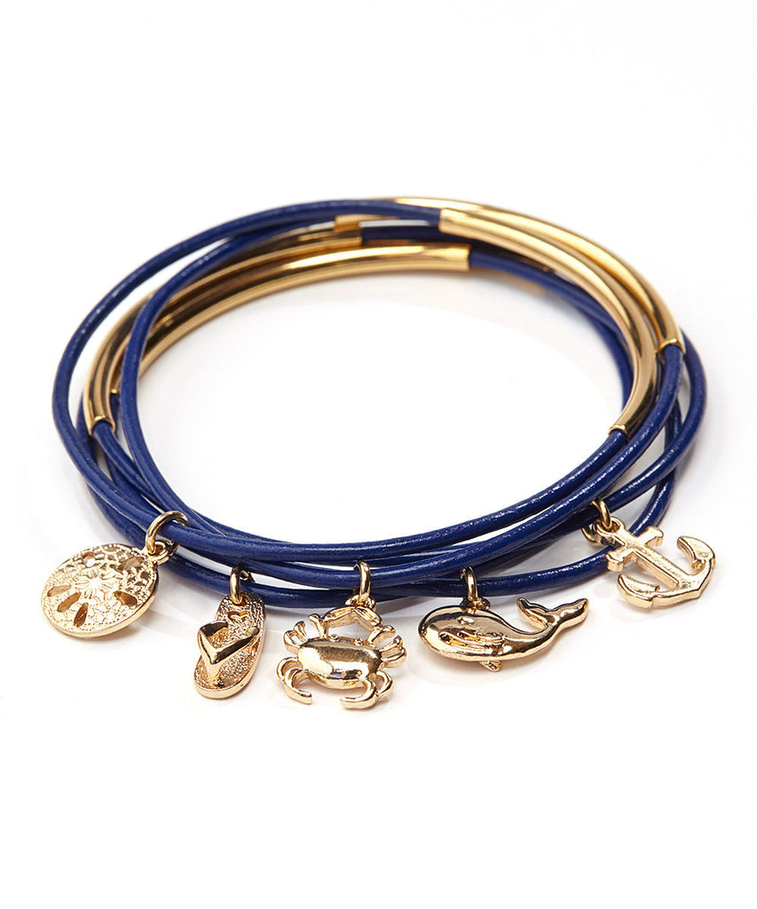 Nautical Navy Leather Charm Bangle Set