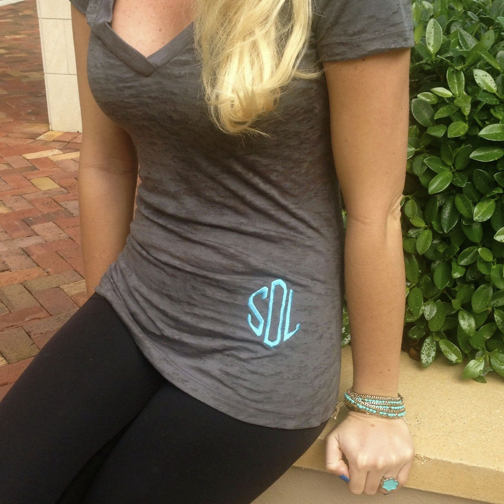 V-Neck Gray Monogrammed Burn Out T-Shirt