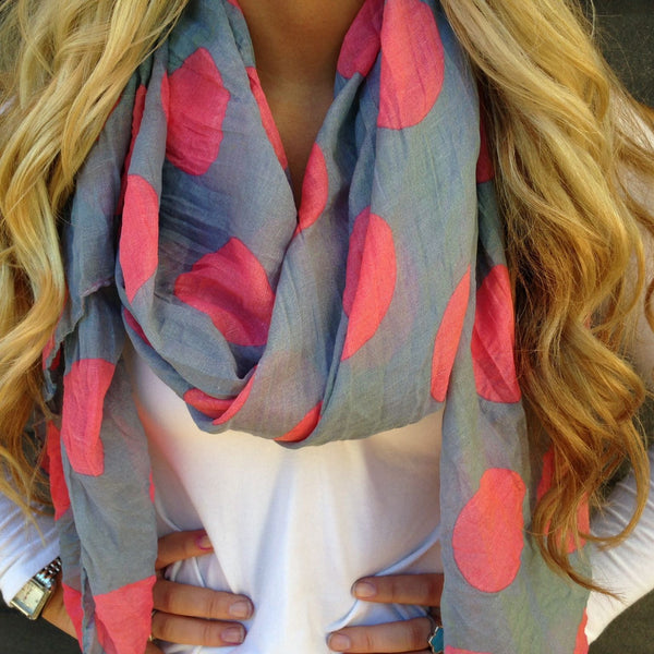 Gray & Coral Polka Dot Scarf