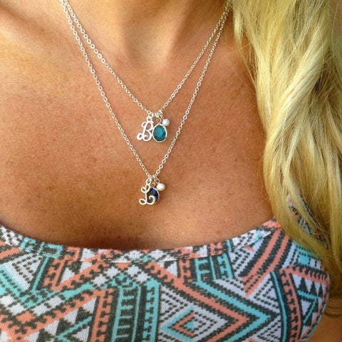 Little Script Initial Birthstone Charm Necklace