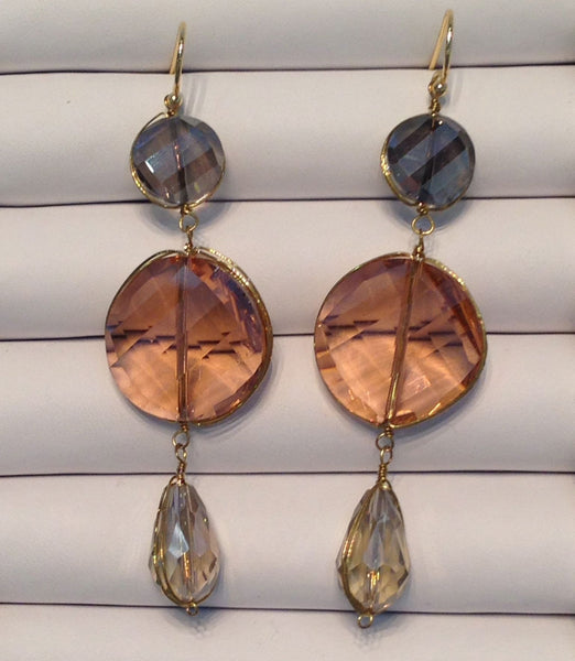 Grey, Peach & Crystal Faceted Drop Earrings