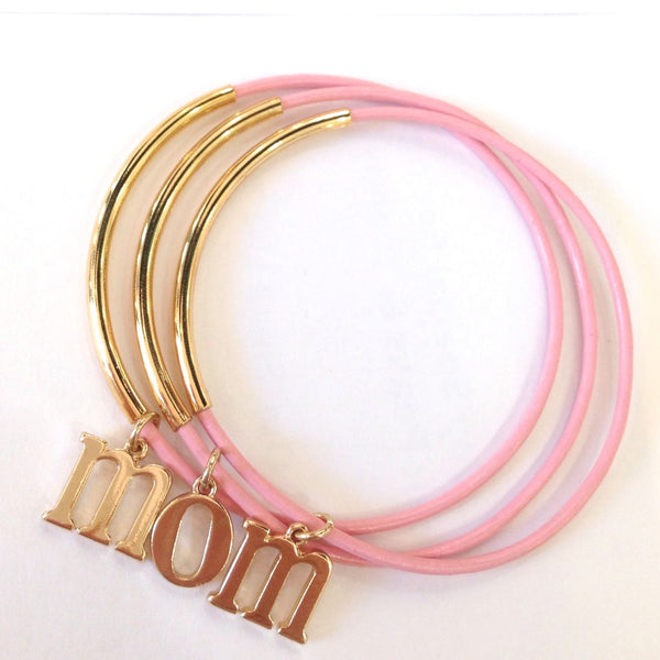 Mom Charm Leather Bangle Set