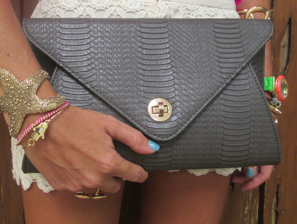 Designer Inspired Faux Skin Gray Clutch