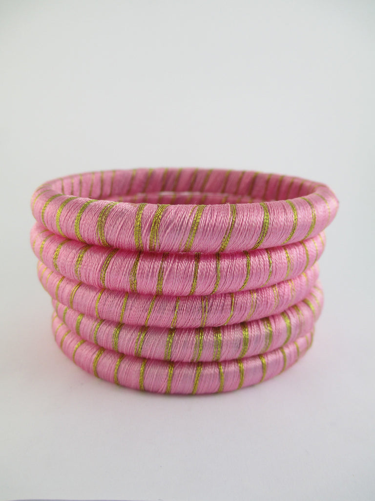 Pink & Gold Thread Bangle Bracelet Set