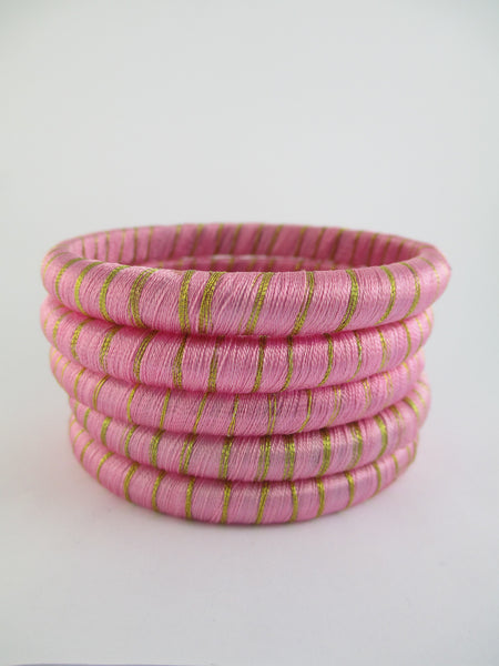 Pink & Gold Thread Bangle Bracelet Set