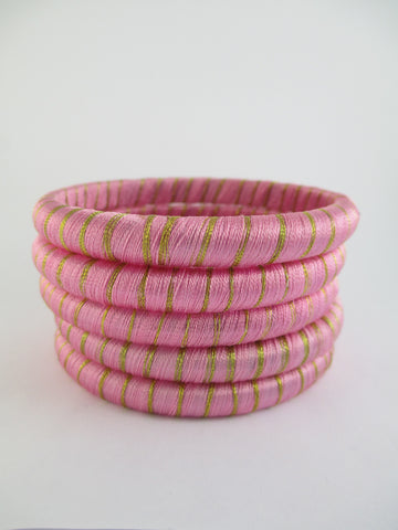 Pink & Gold Thread Bangle Bracelet Set