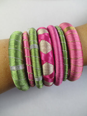 Green & Pink Thread Bangle Bracelet Set