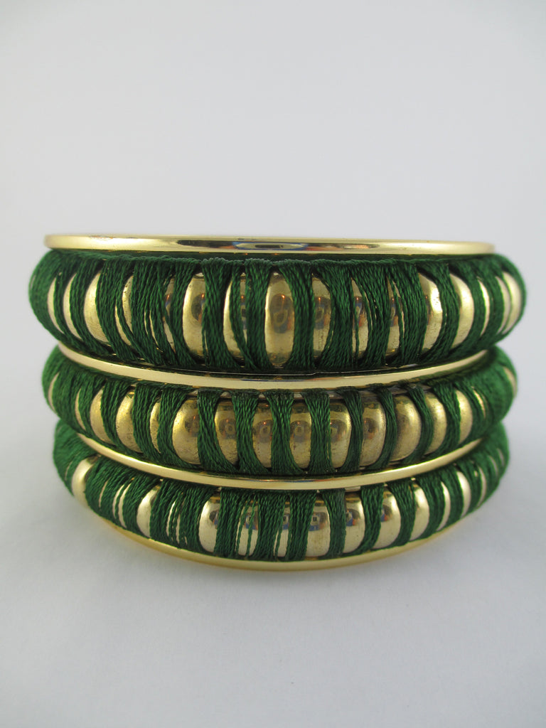 Hunter Green and Gold Tone Thread Bangle Bracelet Set