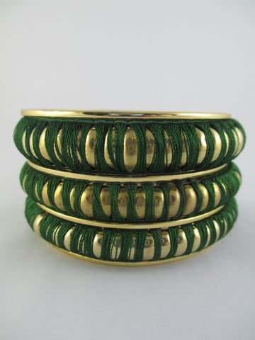 Hunter Green and Gold Tone Thread Bangle Bracelet Set