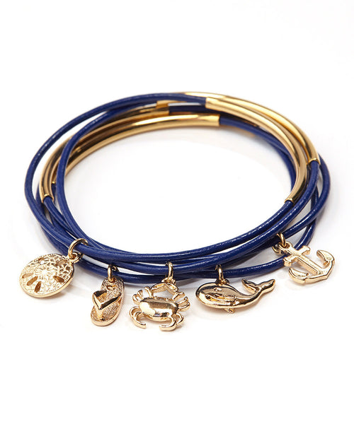 Nautical Navy Leather Charm Bangle Set