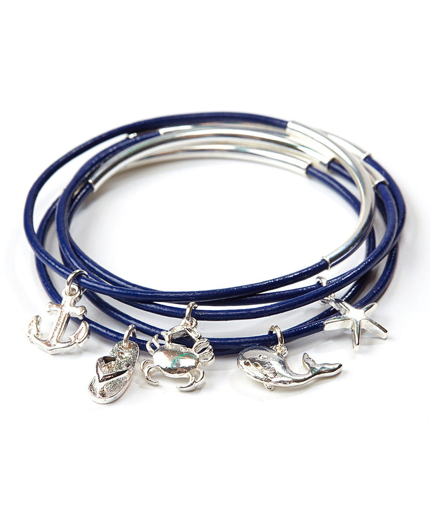 Nautical Navy Leather Charm Bangle Set