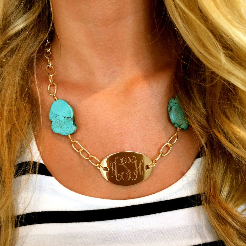 I Love Jewelry Auctions has done it again! Your favorite bracelet style is now available as a necklace! Our Oval Monogram Link Necklace with Turquoise Stones is boho chic yet modern prep!