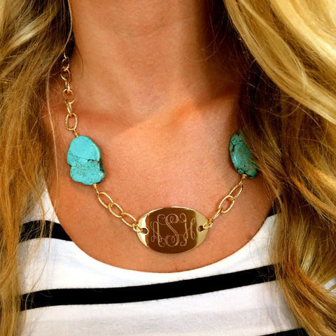 I Love Jewelry Auctions has done it again! Your favorite bracelet style is now available as a necklace! Our Oval Monogram Link Necklace with Turquoise Stones is boho chic yet modern prep!
