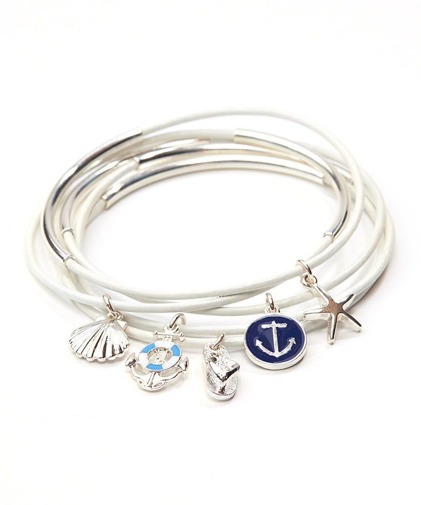 Nautical White Leather Charm Bangle Set