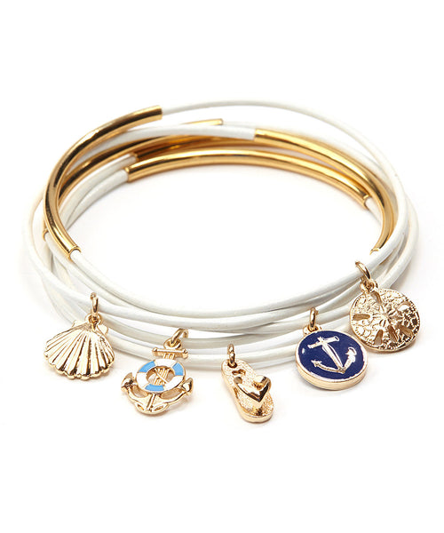 Nautical White Leather Charm Bangle Set